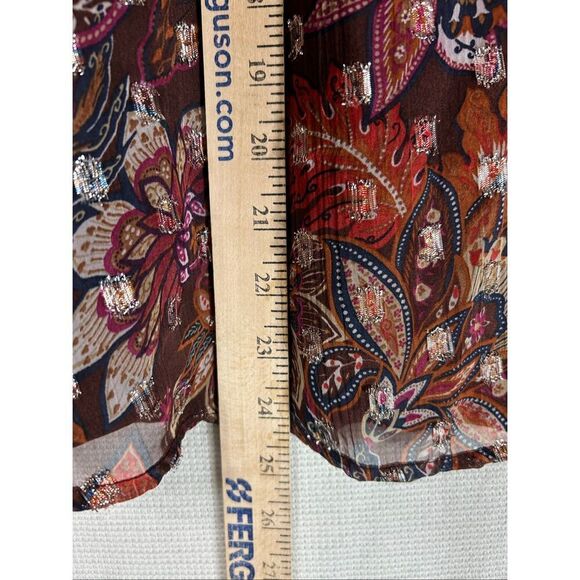 LOFT Metallic Floral Blouse Brown Red Sheer Boho Fall Top Long Sleeve Lined L - Picture 13 of 16